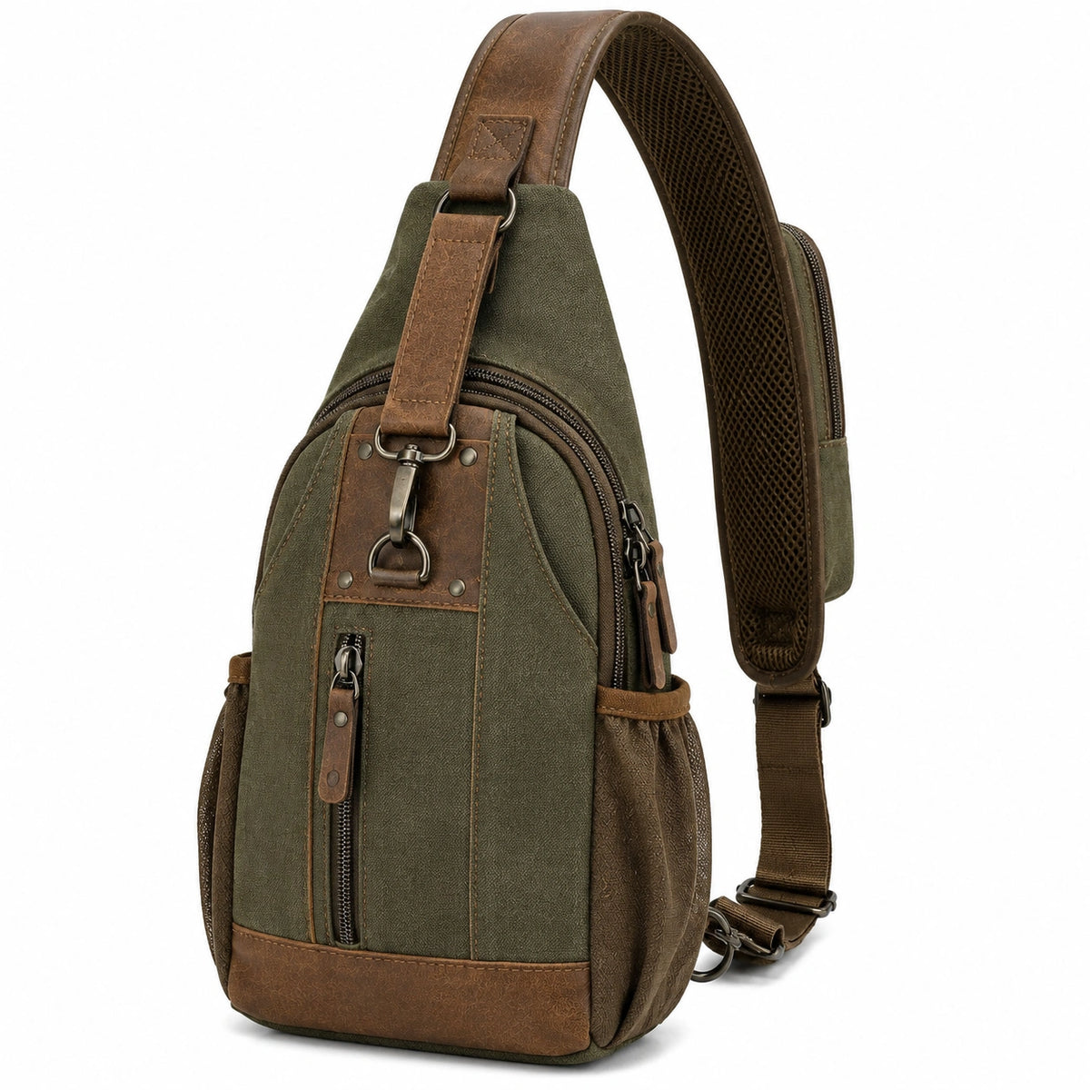 Borsa a tracolla 18 x 8 x 32 cm in tela verde e similpelle marrone stile casual