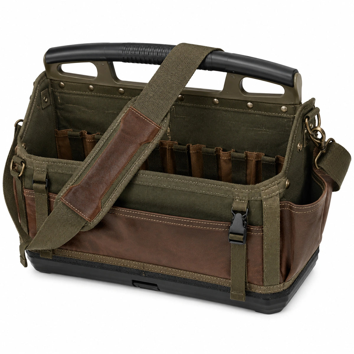 Borsa portautensili 40 x 25 x 30 cm in tela verde e marrone con tracolla e manico rigido