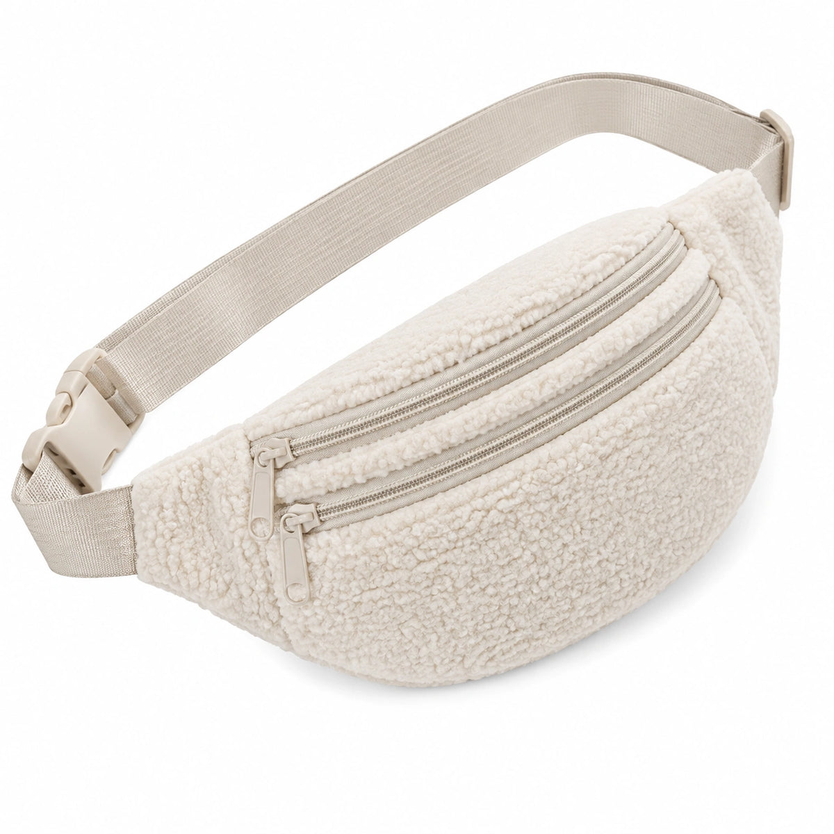Marsupio in tessuto bouclé beige con doppia tasca e cintura regolabile