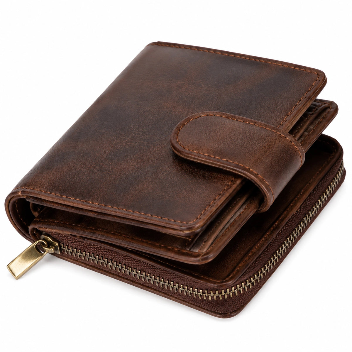 Portafoglio da uomo 12 x 10 x 3 cm in similpelle marrone con zip e bottone