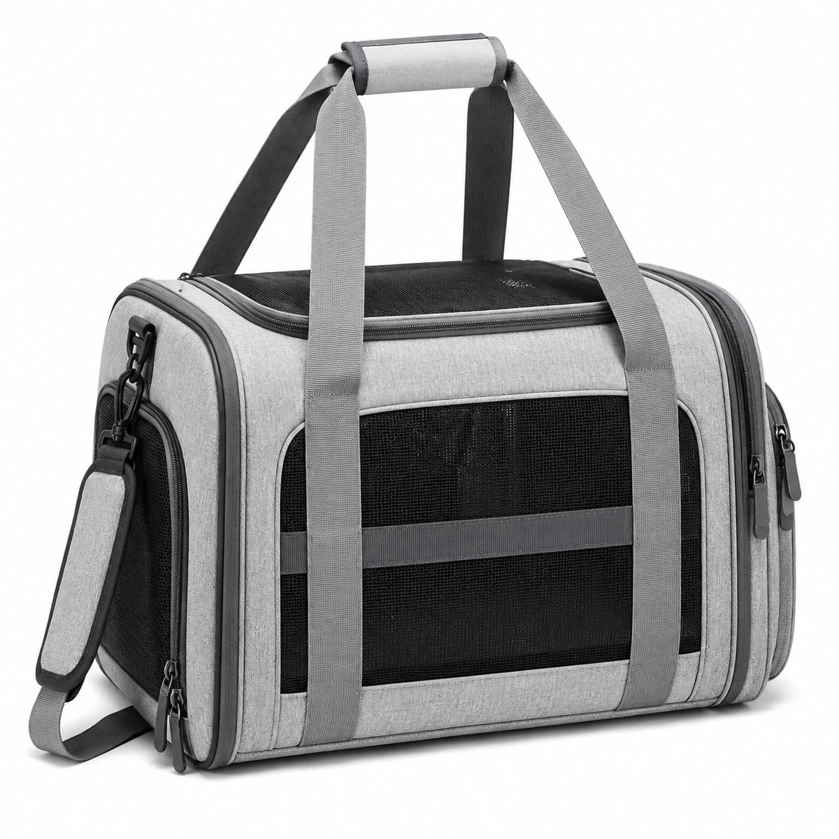 Trasportino per animali 45 x 28 x 30 cm in poliestere grigio e nero con rete traspirante