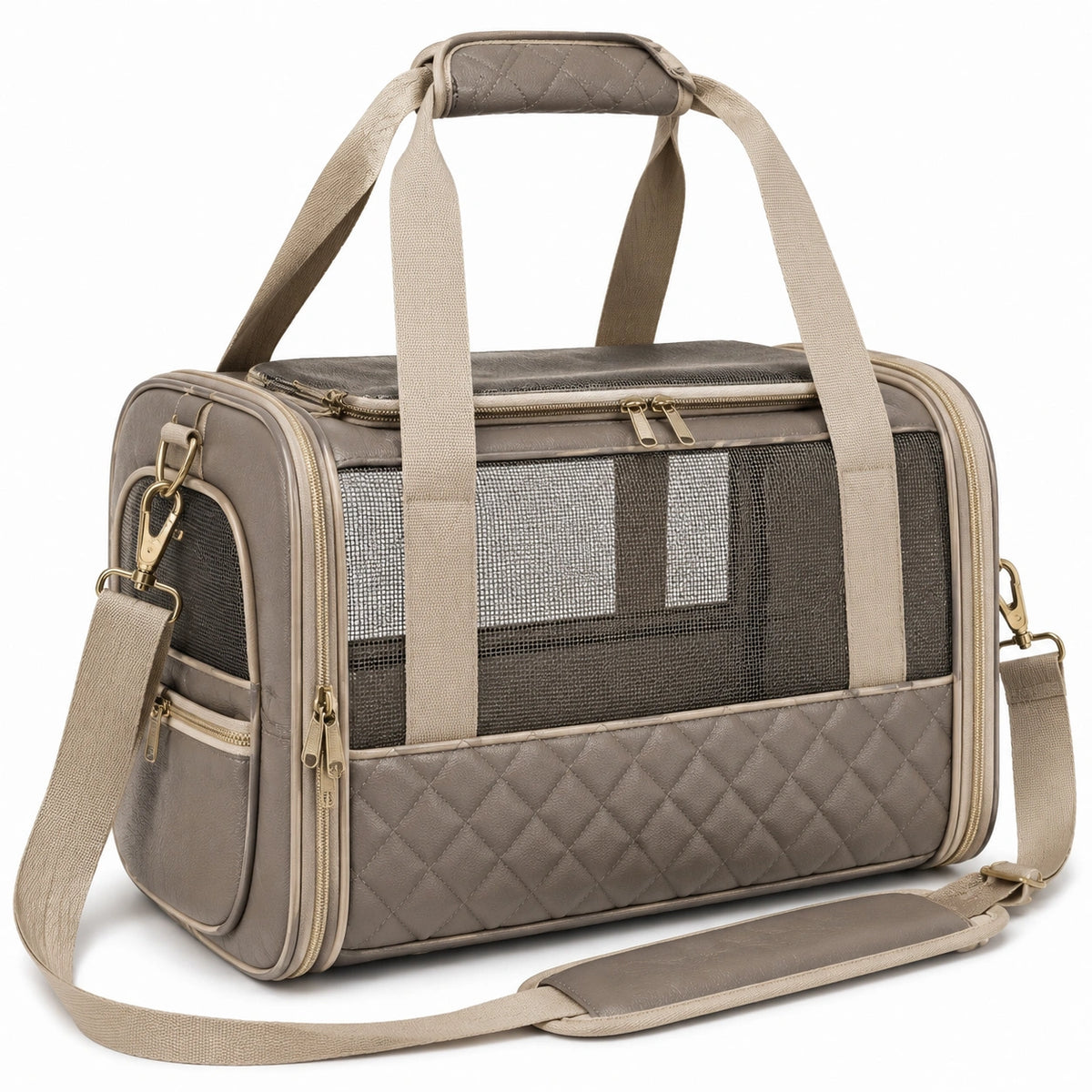 Borsa trasportino per animali 45 x 28 x 30 cm in similpelle beige con rete e tracolla