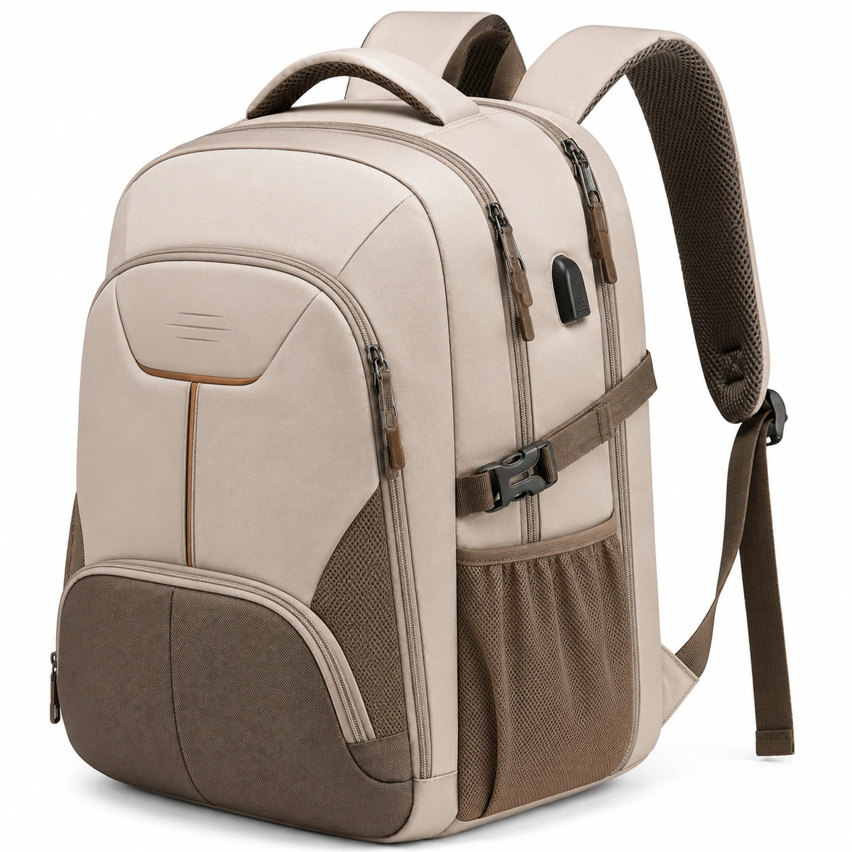 Zaino 48 x 32 x 20 cm in tessuto sintetico beige/marrone con tasche multiple per viaggio