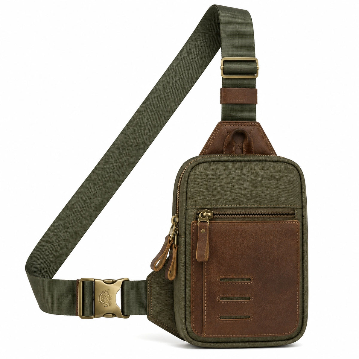 Borsello a tracolla 17 x 7 x 30 cm in tessuto verde militare e similpelle marrone con tasche zip