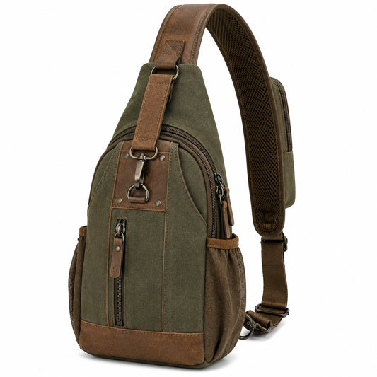 Borsa a tracolla 18 x 8 x 32 cm in tela verde e similpelle marrone stile casual