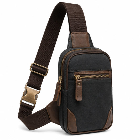 Borsa a tracolla 18 x 7 x 31 cm in tessuto nero e similpelle marrone con tasche zip