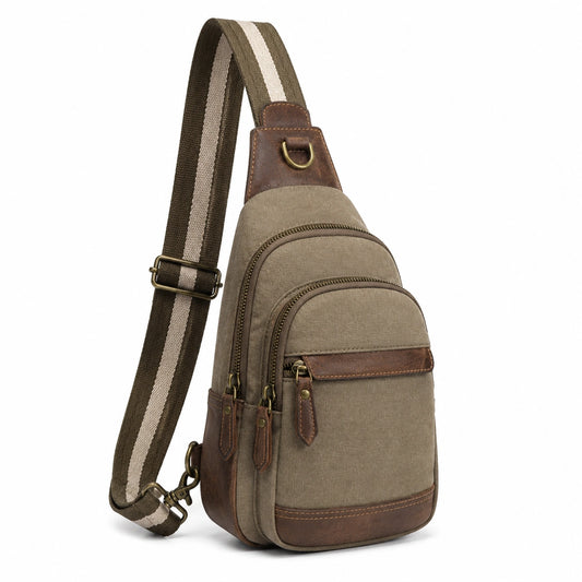 Borsa monospalla compatta in tessuto kaki e marrone - stile casual con tasche multiple