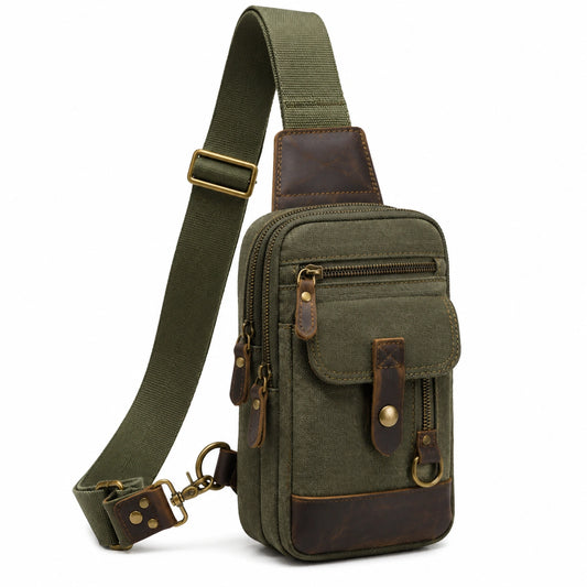 Borsa a tracolla 16 x 8 x 30 cm in tela verde oliva con inserti marroni stile casual