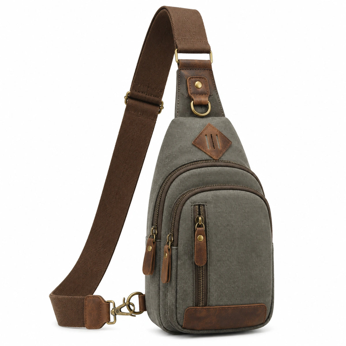 Borsa a tracolla monospalla 32 cm in tela grigio marrone con zip stile vintage