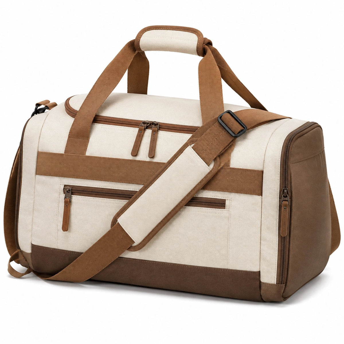 Borsone da viaggio 50 x 25 x 28 cm in tela beige e marrone con tracolla regolabile