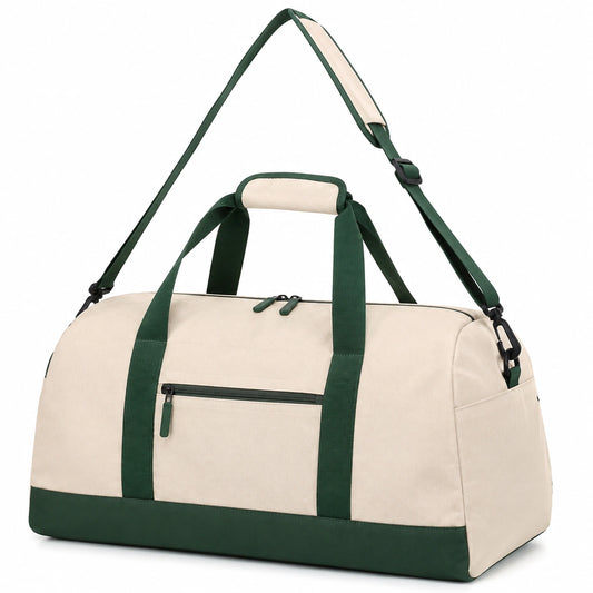 Borsone da viaggio 50 x 25 x 30 cm in tessuto beige e verde con tracolla regolabile