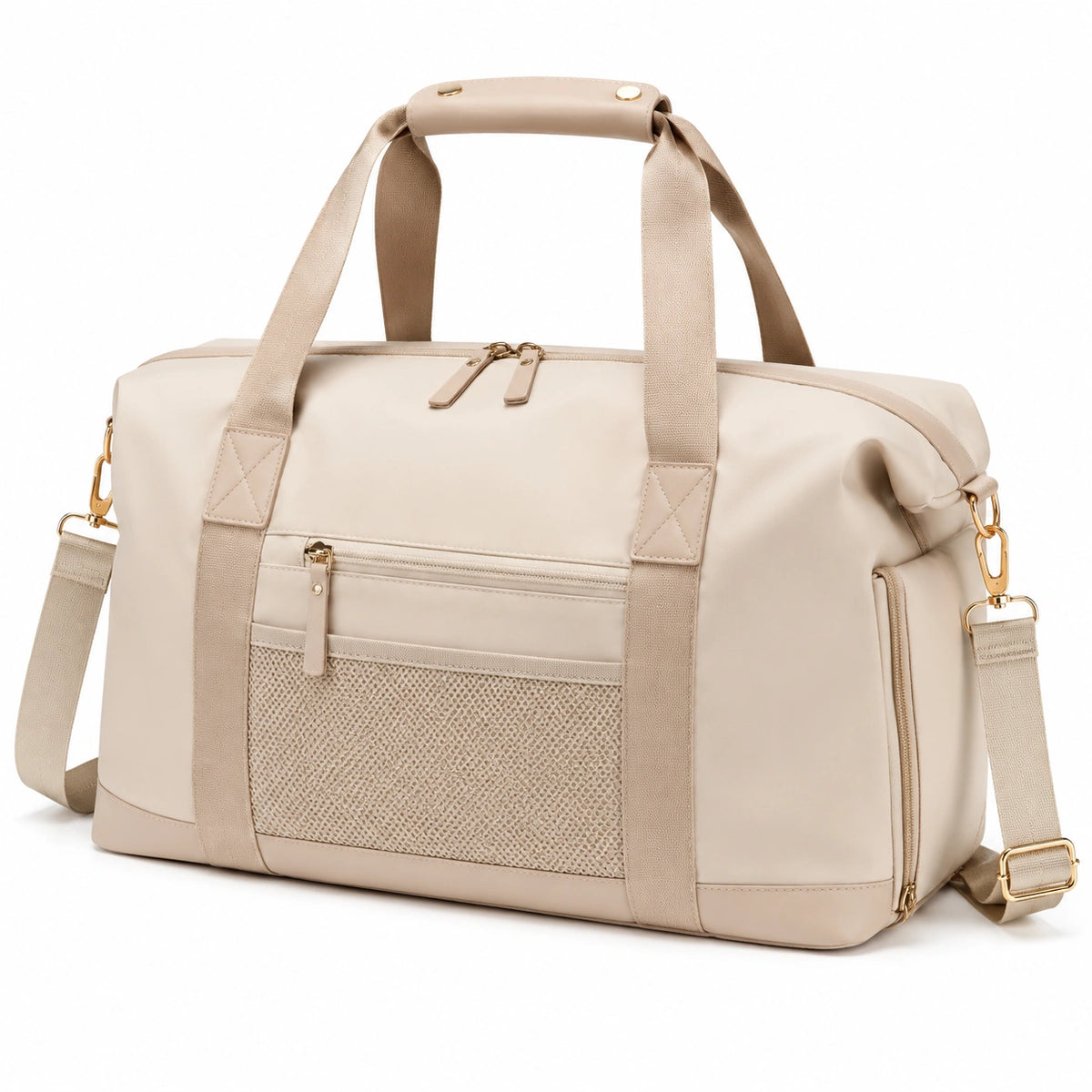 Borsone da viaggio 45 x 25 x 30 cm in tessuto sintetico beige con tracolla regolabile e tasche