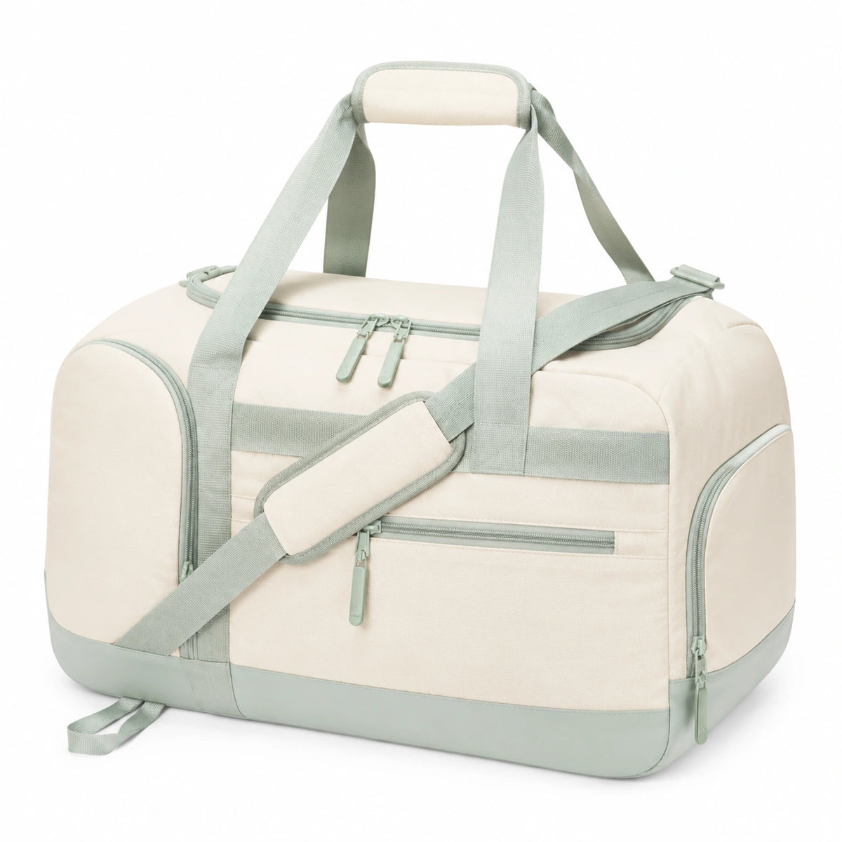 Borsone da viaggio 50 x 25 x 30 cm in tessuto sintetico beige e verde salvia con tracolla