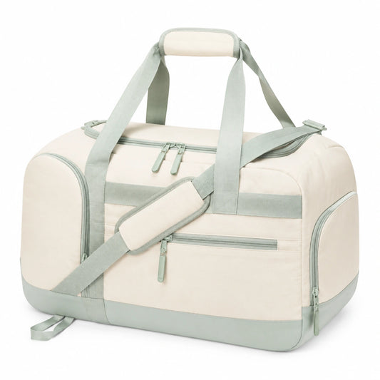 Borsone da viaggio 50 x 25 x 30 cm in tessuto sintetico beige e verde salvia con tracolla
