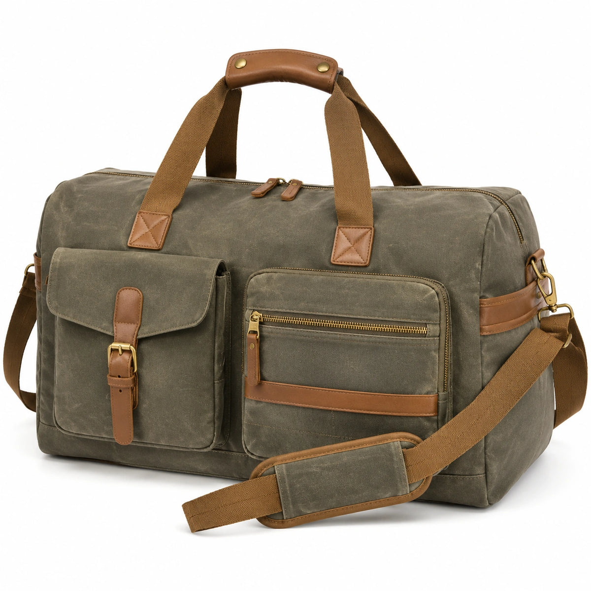 Borsone da viaggio 52 x 25 x 30 cm in tessuto verde oliva con dettagli marroni - tracolla regolabile e tasche