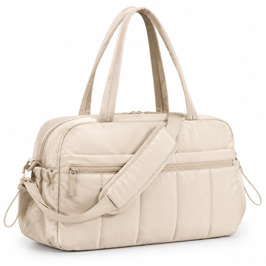 Borsone sportivo 45 cm in nylon imbottito beige con tracolla e tasche