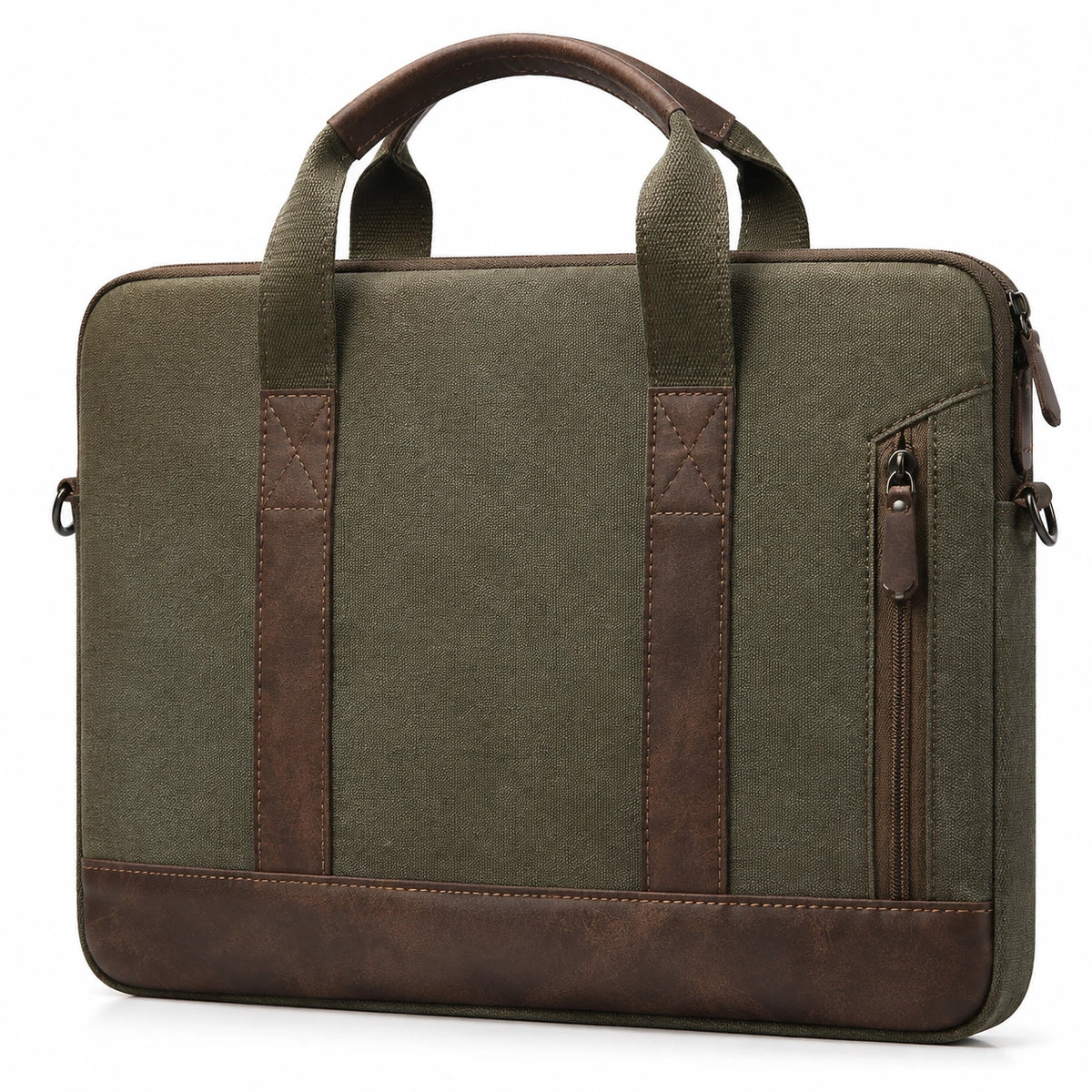 Borsa porta PC 40 x 30 x 8 cm in tessuto verde oliva e similpelle marrone - stile vintage con tasca frontale