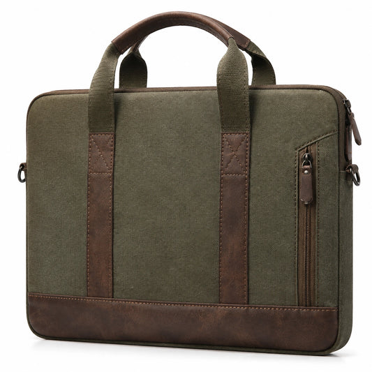 Borsa porta PC 40 x 30 x 8 cm in tessuto verde oliva e similpelle marrone - stile vintage con tasca frontale