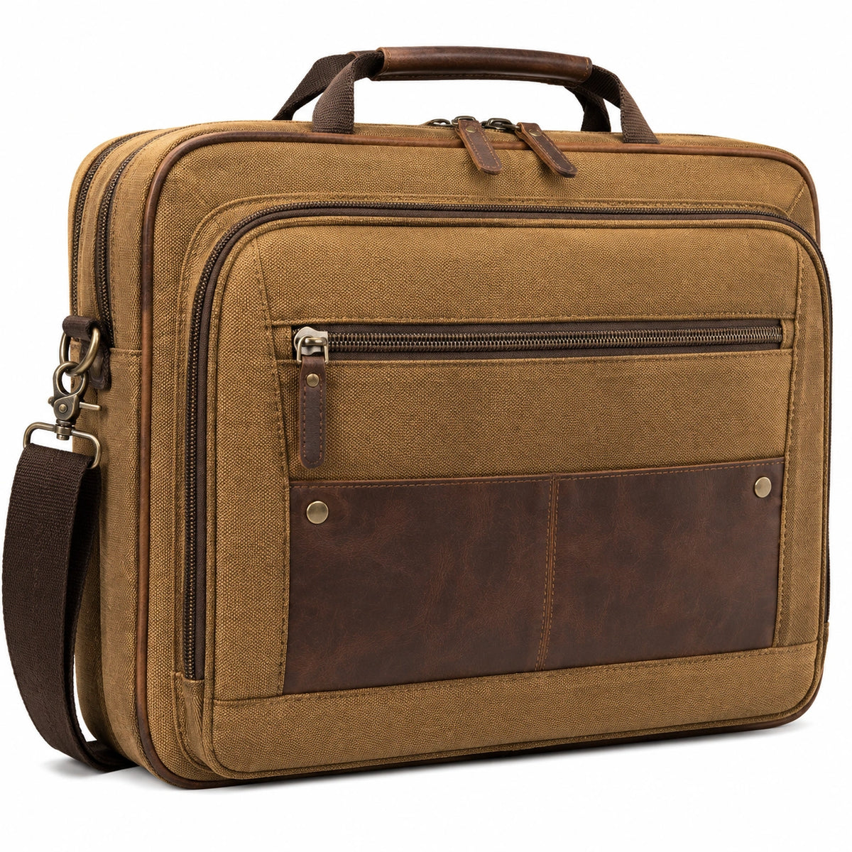 Borsa portadocumenti 42 x 30 x 12 cm in tessuto marrone con inserti effetto pelle stile vintage
