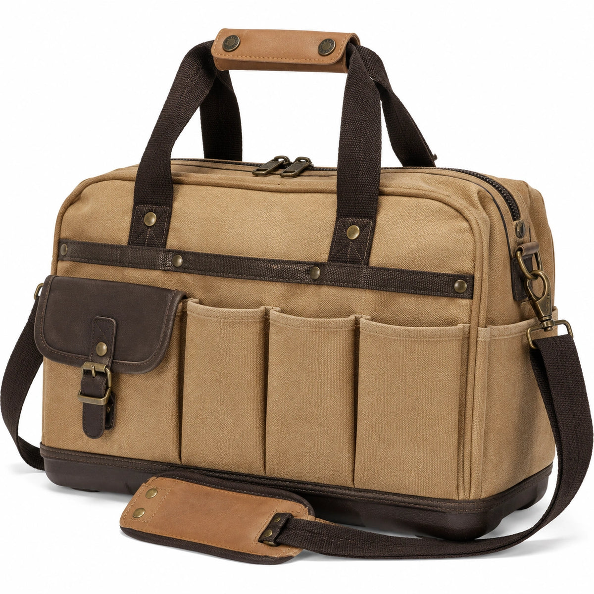 Borsa da viaggio 40 x 20 x 30 cm in tela beige e marrone con tracolla e tasche esterne