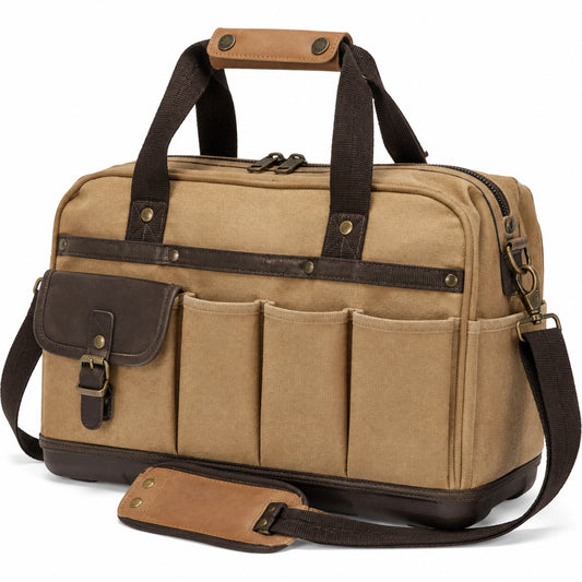 Borsa da viaggio 40 x 20 x 30 cm in tela beige e marrone con tracolla e tasche esterne