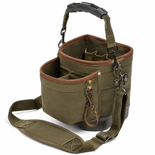Borsa porta attrezzi 35 cm in tessuto verde oliva con tracolla regolabile e tasche organizer