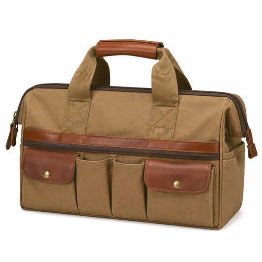 Borsa da viaggio 45 cm in tessuto kaki e similpelle marrone - multitasche con manici
