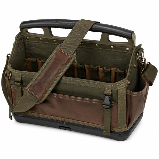 Borsa portautensili 40 x 25 x 30 cm in tela verde e marrone con tracolla e manico rigido