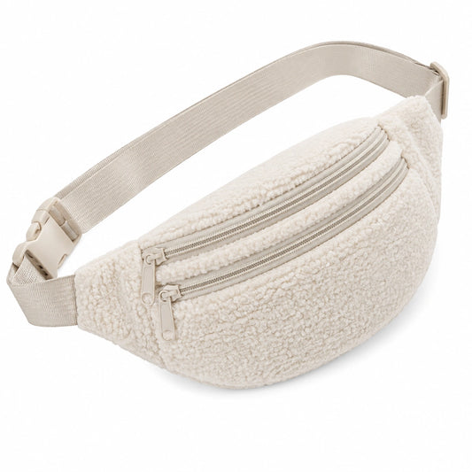 Marsupio in tessuto bouclé beige con doppia tasca e cintura regolabile