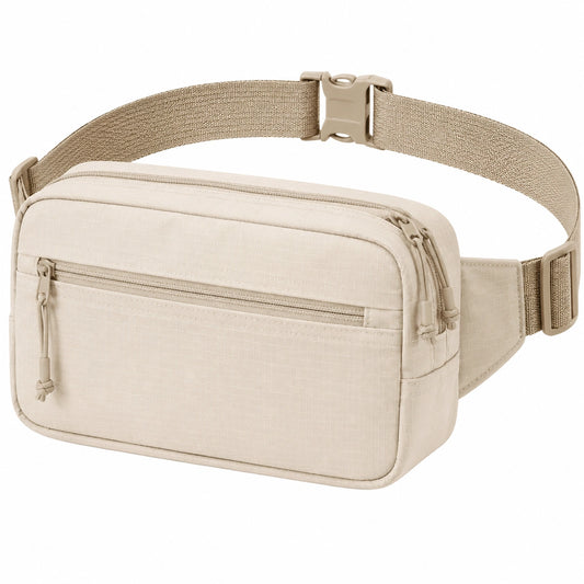Marsupio 22 x 7 x 14 cm in tessuto sintetico beige con tasche e cintura regolabile