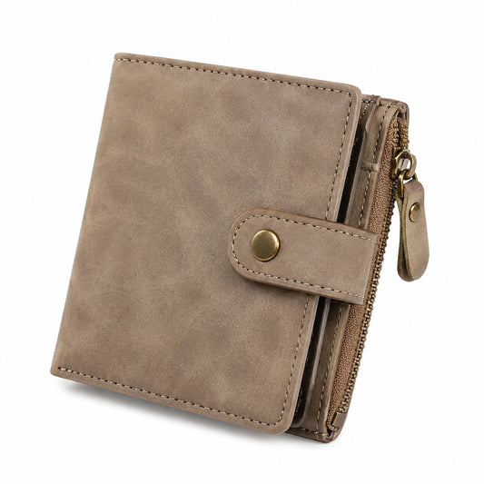 Portafoglio compatto 12 x 10 x 3 cm in similpelle taupe con zip e chiusura a pressione