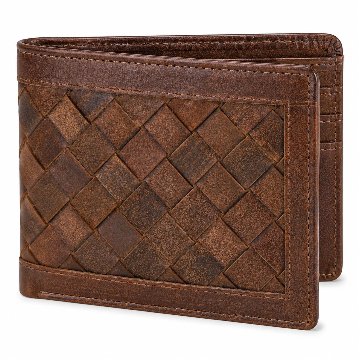 Portafoglio uomo 11 x 9 cm in pelle marrone intrecciata pieghevole