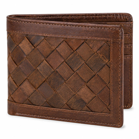 Portafoglio uomo 11 x 9 cm in pelle marrone intrecciata pieghevole