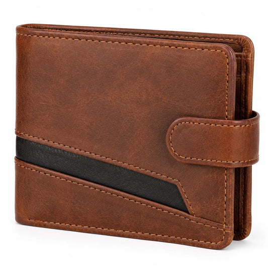 Portafoglio 12 x 9 x 2 cm in pelle sintetica marrone e nero con chiusura a linguetta