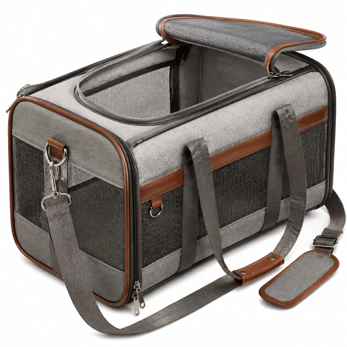 Borsa trasportino per animali 45 x 28 x 30 cm in tessuto sintetico grigio con rete - ventilata con tracolla