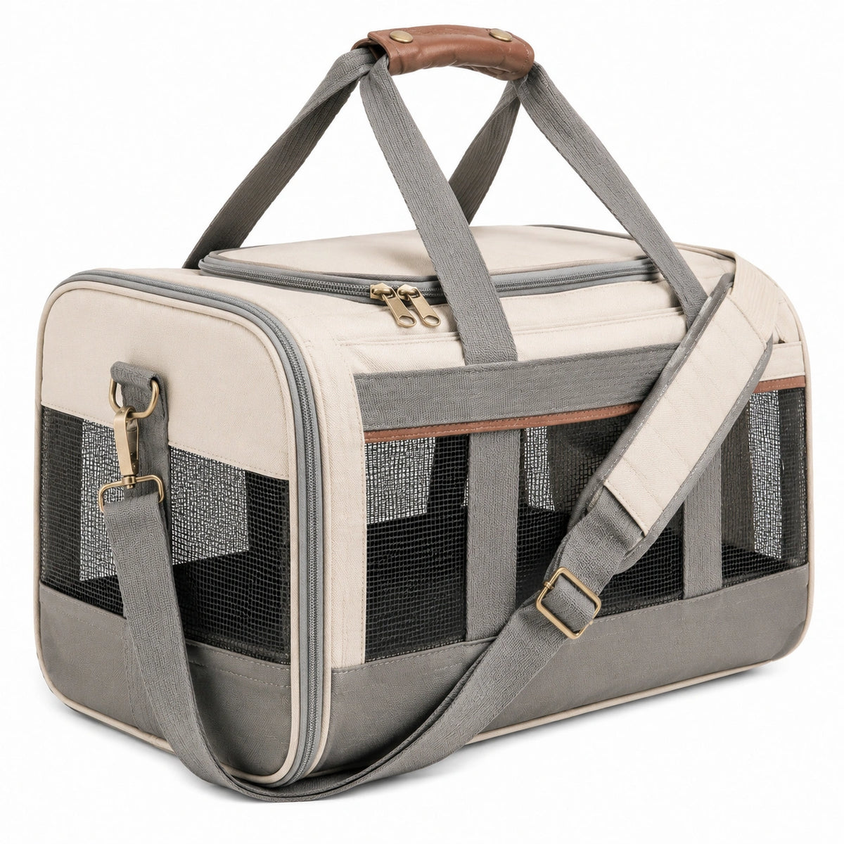 Trasportino per animali 45 x 28 x 30 cm in tessuto beige e grigio con rete ventilata da viaggio