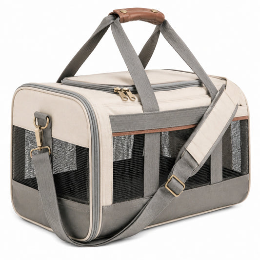 Trasportino per animali 45 x 28 x 30 cm in tessuto beige e grigio con rete ventilata da viaggio