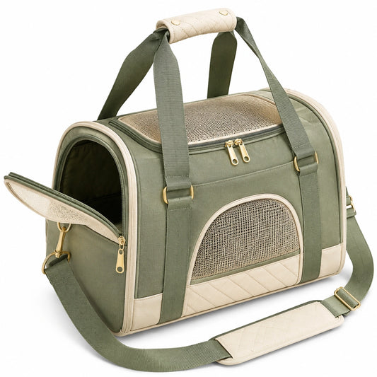 Borsa trasportino per animali 45 x 28 x 30 cm in tessuto verde oliva e beige con rete