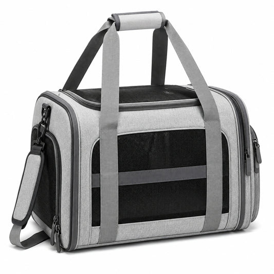Trasportino per animali 45 x 28 x 30 cm in poliestere grigio e nero con rete traspirante