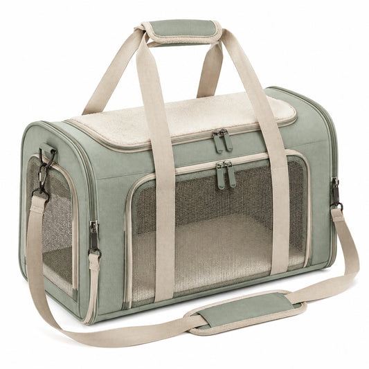 Borsa trasportino per animali 50 x 30 x 30 cm in tessuto verde salvia e beige con rete - pieghevole