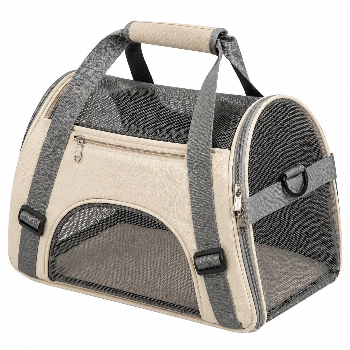 Trasportino per animali 45 x 28 x 30 cm in tessuto e rete beige grigio con tracolla ventilato