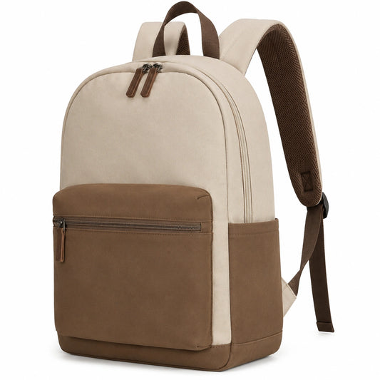 Zaino 30 x 14 x 42 cm in tessuto sintetico beige e marrone con tasche e spallacci regolabili