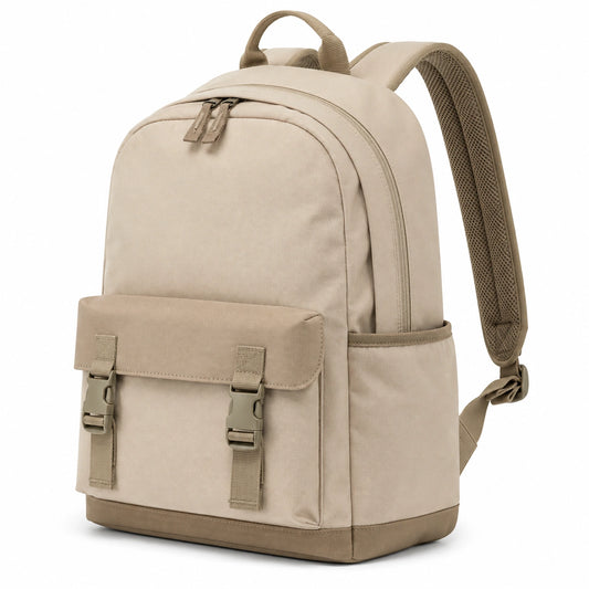 Zaino 42 x 30 x 15 cm in tessuto beige per uso quotidiano con tasca frontale e spallacci imbottiti