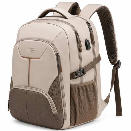 Zaino 48 x 32 x 20 cm in tessuto sintetico beige/marrone con tasche multiple per viaggio