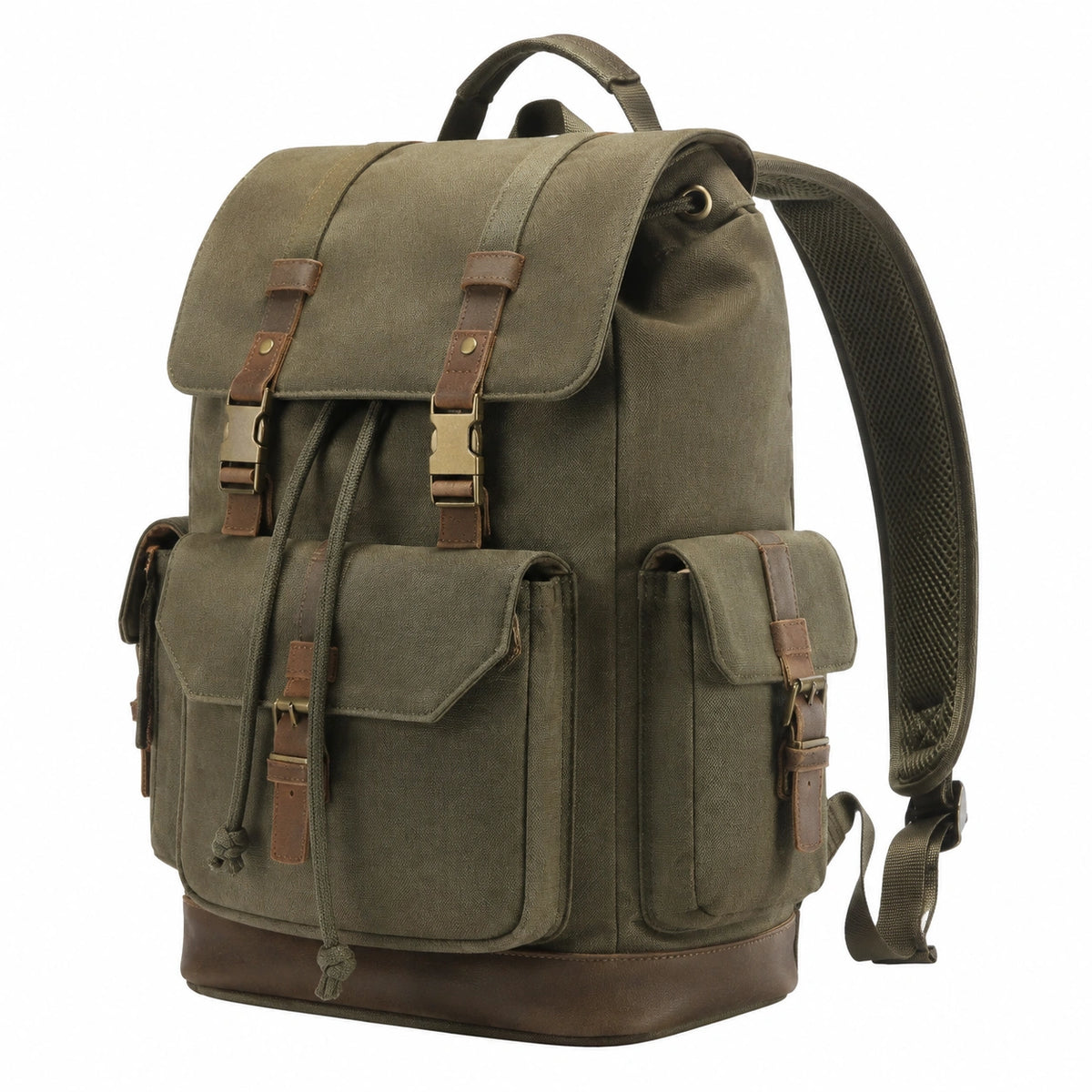 Zaino 32 x 18 x 45 cm in tessuto verde oliva con finiture marroni per escursioni multitasca