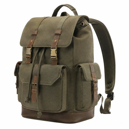 Zaino 32 x 18 x 45 cm in tessuto verde oliva con finiture marroni per escursioni multitasca