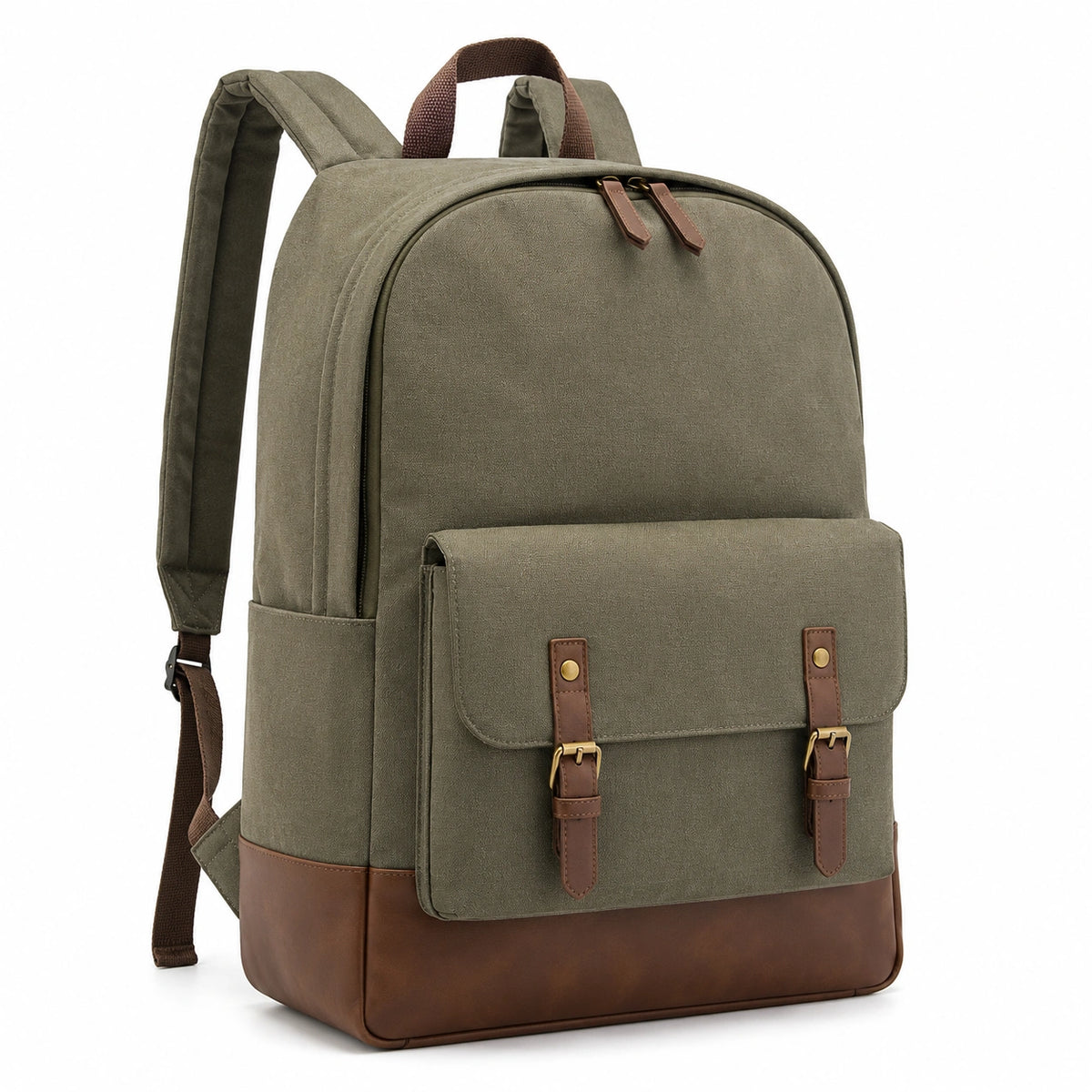 Zaino 30 x 15 x 42 cm in tessuto verde oliva e similpelle marrone con tasca frontale per uso quotidiano