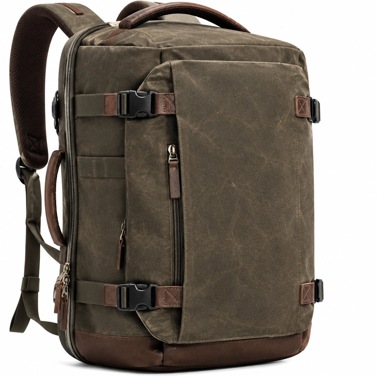 Zaino da viaggio 45 x 30 x 18 cm in tessuto cerato verde oliva con dettagli marroni e tasche multiple